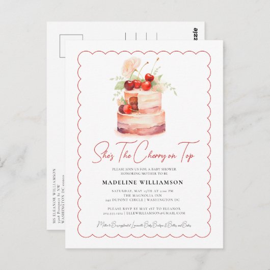 彼女はトップさくらんぼのベビーシャワー招待状 ポストカード (正面/裏面)