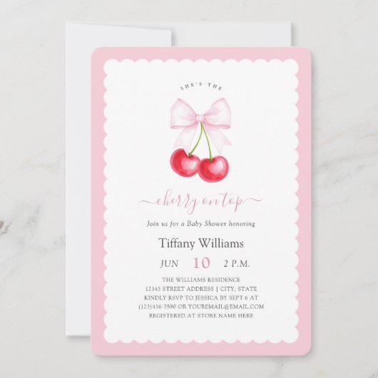 彼女はトップのピンクの弓のベビーシャワーのさくらんぼ 招待状 (正面)