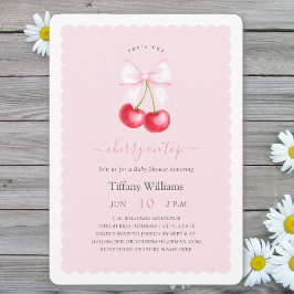 彼女はトップのピンクの弓のベビーシャワーのさくらんぼ 招待状