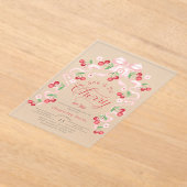 彼女はトップピンクの弓のさくらんぼベビーシャワー アクリル招待状 (レイダウン)