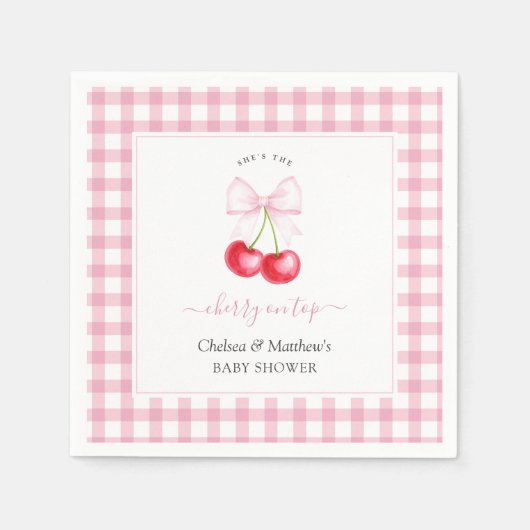彼女はトップピンクの弓のさくらんぼベビーシャワー スタンダードカクテルナプキン (正面)