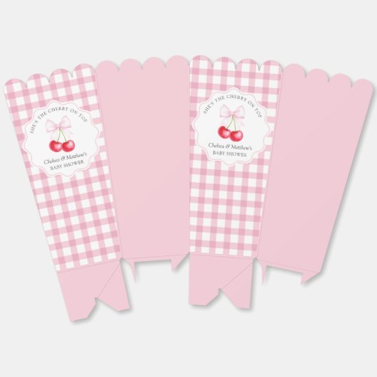 彼女はトップピンクの弓のさくらんぼベビーシャワー フェイバーボックス (見開き)