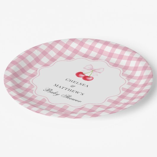 彼女はトップピンクの弓のさくらんぼベビーシャワー ペーパープレート (アングル)