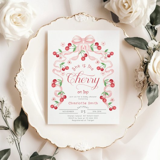 彼女はトップピンクの弓のさくらんぼベビーシャワー 招待状