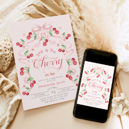 彼女はトップピンクの弓のさくらんぼベビーシャワー 招待状