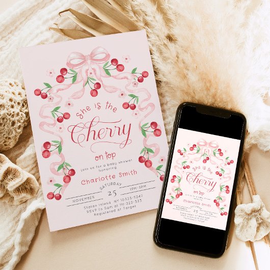 彼女はトップピンクの弓のさくらんぼベビーシャワー 招待状