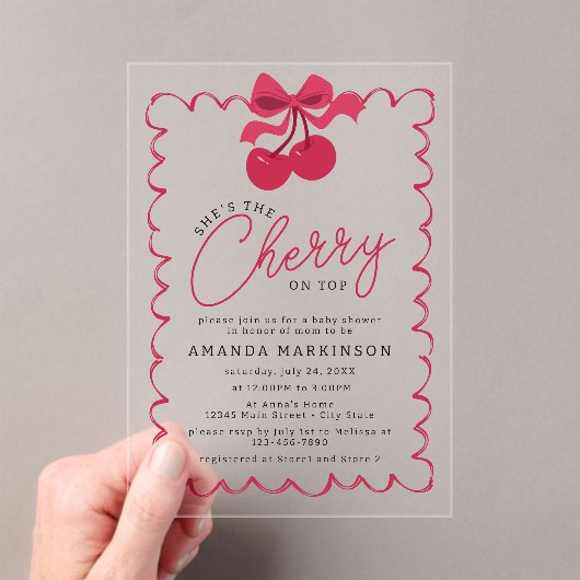彼女はトップピンクの赤ちゃんシャワーのさくらんぼだ アクリル招待状 (インサイチュ (ポータブル))