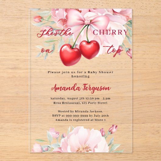 彼女はトップ弓のさくらんぼの花模様ベビーシャワー アクリル招待状 (正面)