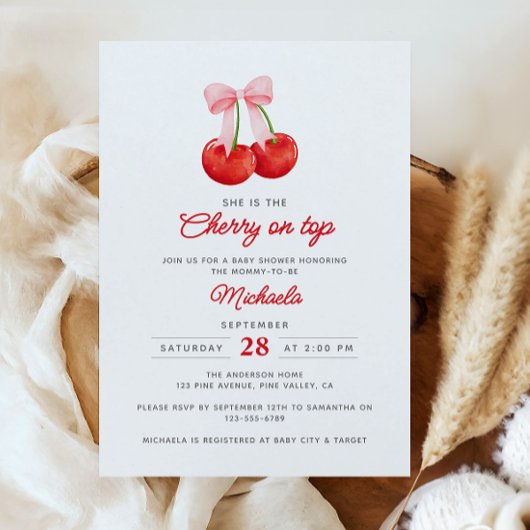 彼女はトップ水色のさくらんぼベビーシャワー 招待状