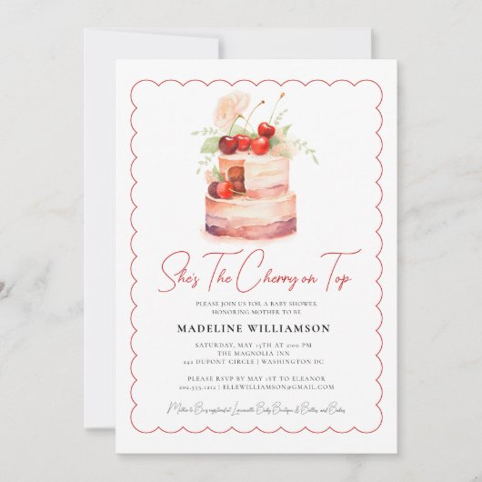 彼女はトップ水色のさくらんぼベビーシャワー 招待状 (正面)