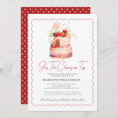 彼女はトップ水色のさくらんぼベビーシャワー 招待状 (正面/裏面)