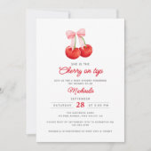 彼女はトップ水色のさくらんぼベビーシャワー 招待状 (正面)