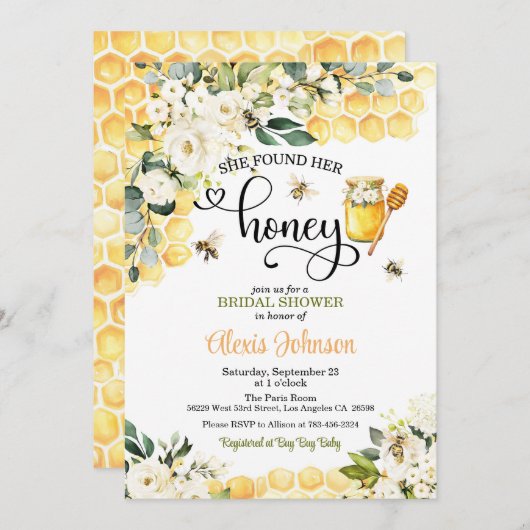 彼女はハニーブライダルシャワーの招待を見つけた 招待状 (正面/裏面)