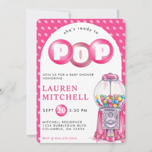 彼女はバブルガムポップ・アートのピンクの女の子の赤ちゃんシャワーの準備ができている 招待状 (正面)
