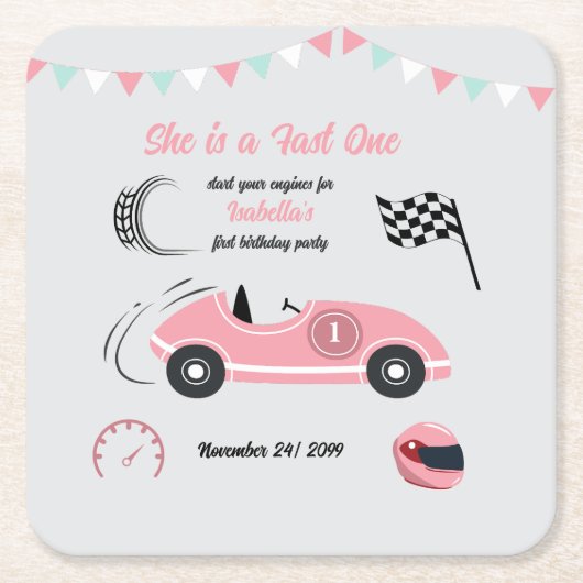 彼女はファーストワンフェスティバルピンクレースカー誕生日 スクエアペーパーコースター (正面)