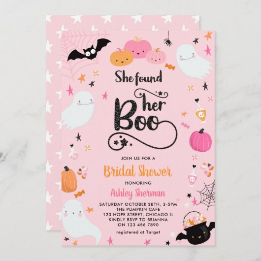 彼女はブーピンクハロウィーンブライダルシャワーを見つけた 招待状 (正面/裏面)