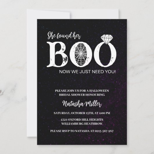 彼女はブーブブラックハロウィーンブライダルシャワーを見つけた 招待状 (正面)