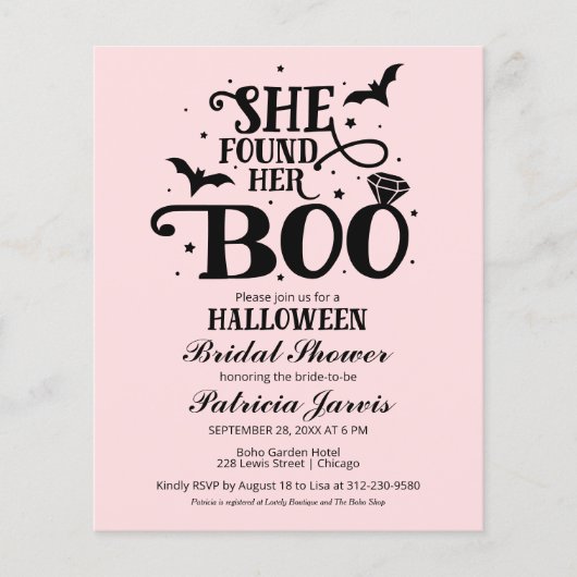 彼女はブーブライダルシャワー予算招待状を見つけた (正面)