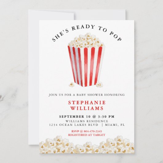 彼女はポップコーンの赤ポップ・アートのちゃんシャワーの準備ができている 招待状 (正面)