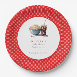 彼女はポップコーンポップ・アートのソーダの赤ちゃんシャワーを開こうとしている ペーパープレート