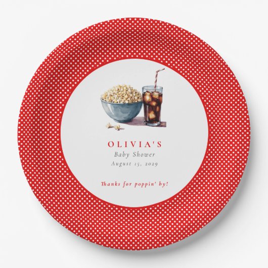 彼女はポップコーンポップ・アートのソーダの赤ちゃんシャワーを開こうとしている ペーパープレート (正面)