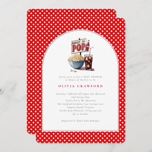 彼女はポップコーンポップ・アートのソーダの赤んポップ・アートのだシャワーを開こうとしている 招待状 (正面/裏面)