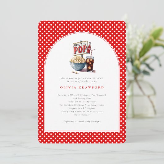 彼女はポップコーンポップ・アートのソーダの赤んポップ・アートのだシャワーを開こうとしている 招待状 (スタンド正面)