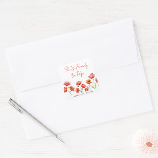 彼女はポピーの花ポップ・アートの春赤ちゃんシャワー準備ができている スクエアシール (封筒)