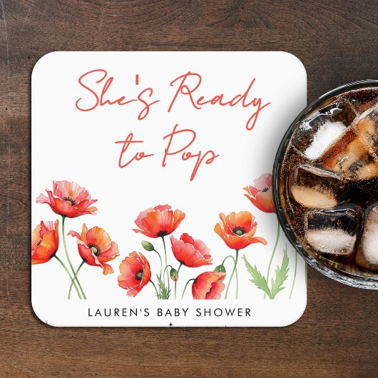 彼女はポピーの花ポップ・アートの春赤ちゃんシャワー準備ができている スクエアペーパーコースター