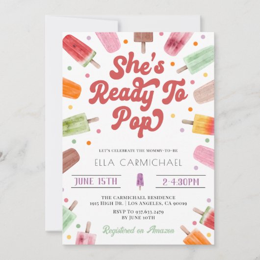 彼女はポプシクルの赤ポップ・アートのちゃんシャワーの準備ができている 招待状 (正面)