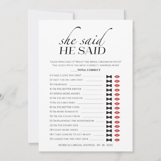 彼女はミニマルブライダルシャワーゲームカードと言った 招待状 (正面)