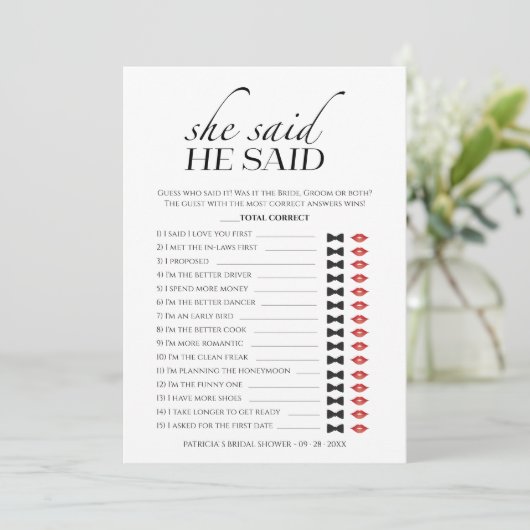 彼女はミニマルブライダルシャワーゲームカードと言った 招待状 (スタンド正面)