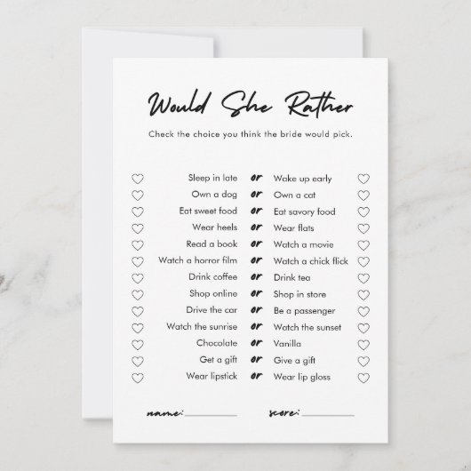 彼女はモダンむしろブライダルシャワーのゲームカードを望む 招待状 (正面)