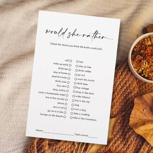 彼女はモダンむしろブライダルシャワーゲームは黒 (modern minimalist black and white "would she rather..." bridal shower game)