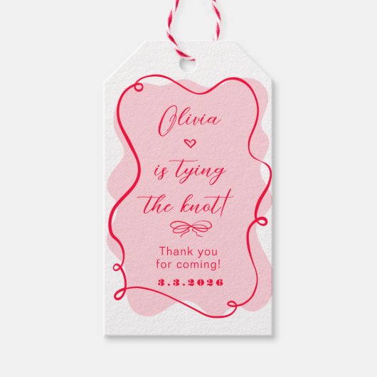 彼女はレトロなピンクと赤の結び目を結ん感謝していだ ギフトタグ (正面)