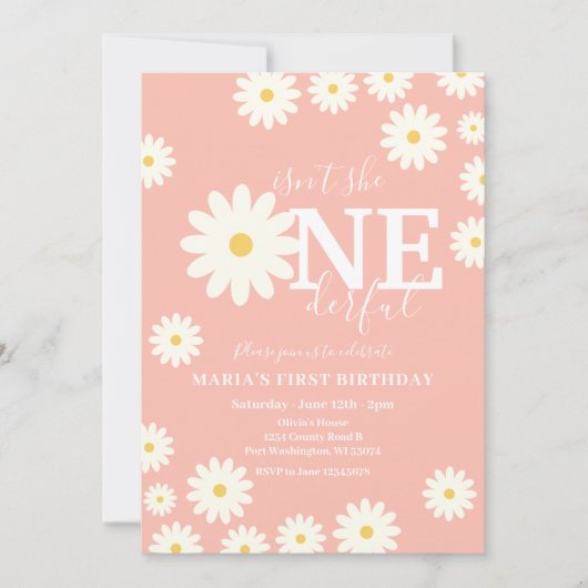 彼女はワンダーフルピーチデイジーファースト誕生日 招待状 (正面)