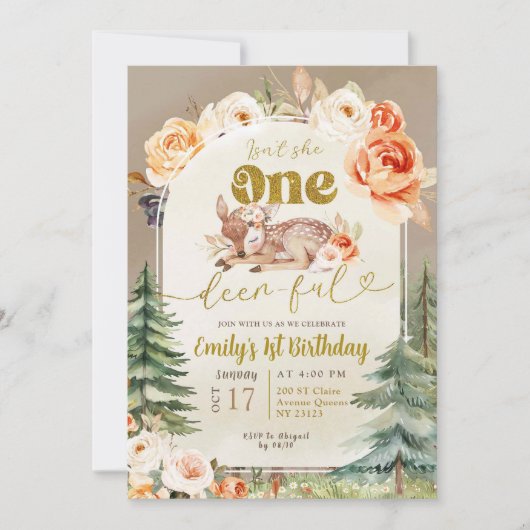 彼女は一人の森Boho第1の誕生日の女の子ではない 招待状 (正面)