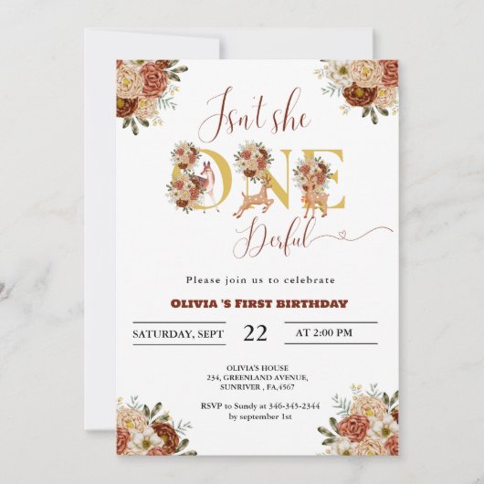 彼女は一鹿の完全な女の子ウッドランド1歳の誕生日ではない 招待状 (正面)