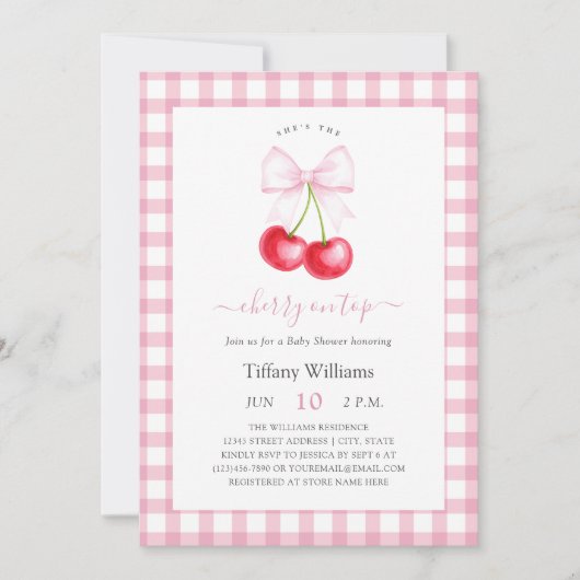 彼女は上弓のさくらんぼお洒落ベビーシャワー 招待状 (正面)