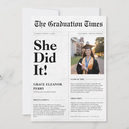 彼女は予算の卒業新聞写真を撮った 招待状 (正面)