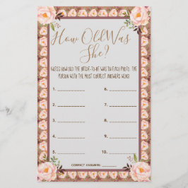 彼女は何歳だった？ピンクフローラフレームゲームカード チラシ