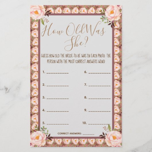 彼女は何歳だった?ピンクフローラフレームゲームカード チラシ (正面)