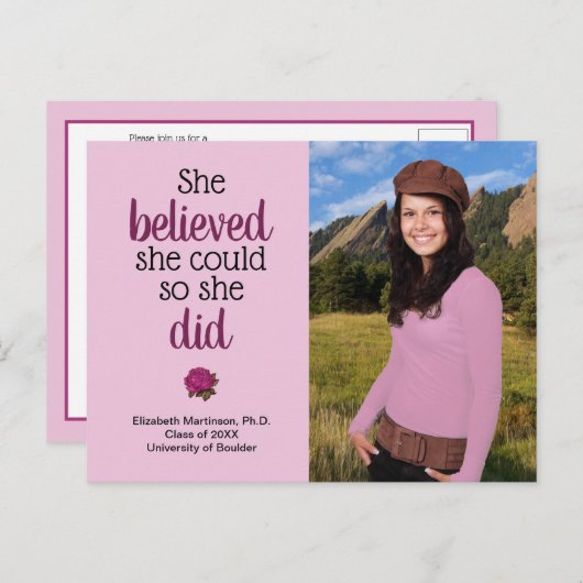 彼女は信じ卒業パーティーのバラ写真を撮ることができた インビテーションポストカード (正面/裏面)