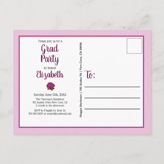 彼女は信じ卒業パーティーのバラ写真を撮ることができた インビテーションポストカード (裏面)