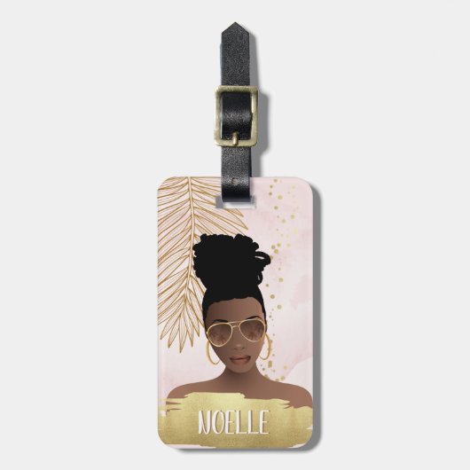 彼女は信じ彼女が出来た、黒人女性、ピンクと金ゴールド ラゲッジタグ (正面縦)