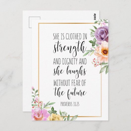 彼女は力と尊厳に身を包み、将来を恐れずに笑う、箴言31:25 ポストカード (正面/裏面)