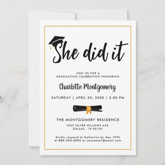 彼女は卒業キャップTassel卒業式パーティーの写真を行った 招待状 (正面)