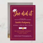 彼女は卒業写真のキャップ・バーガンディを卒業した 招待状 (正面/裏面)