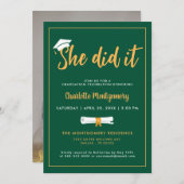 彼女は卒業式キャップグリーン卒業パーティーの写真を撮った 招待状 (正面/裏面)