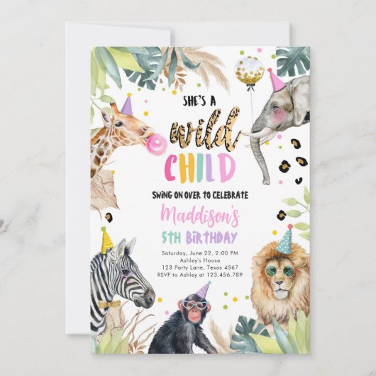 彼女は反抗的な子どもサファリパーティー動物誕生日 招待状 (正面)